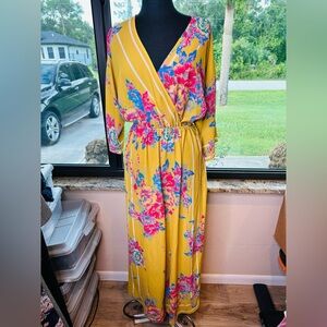 Anthropologie Flying Tomato Yellow Floral Wrap Maxi Dress Size Small